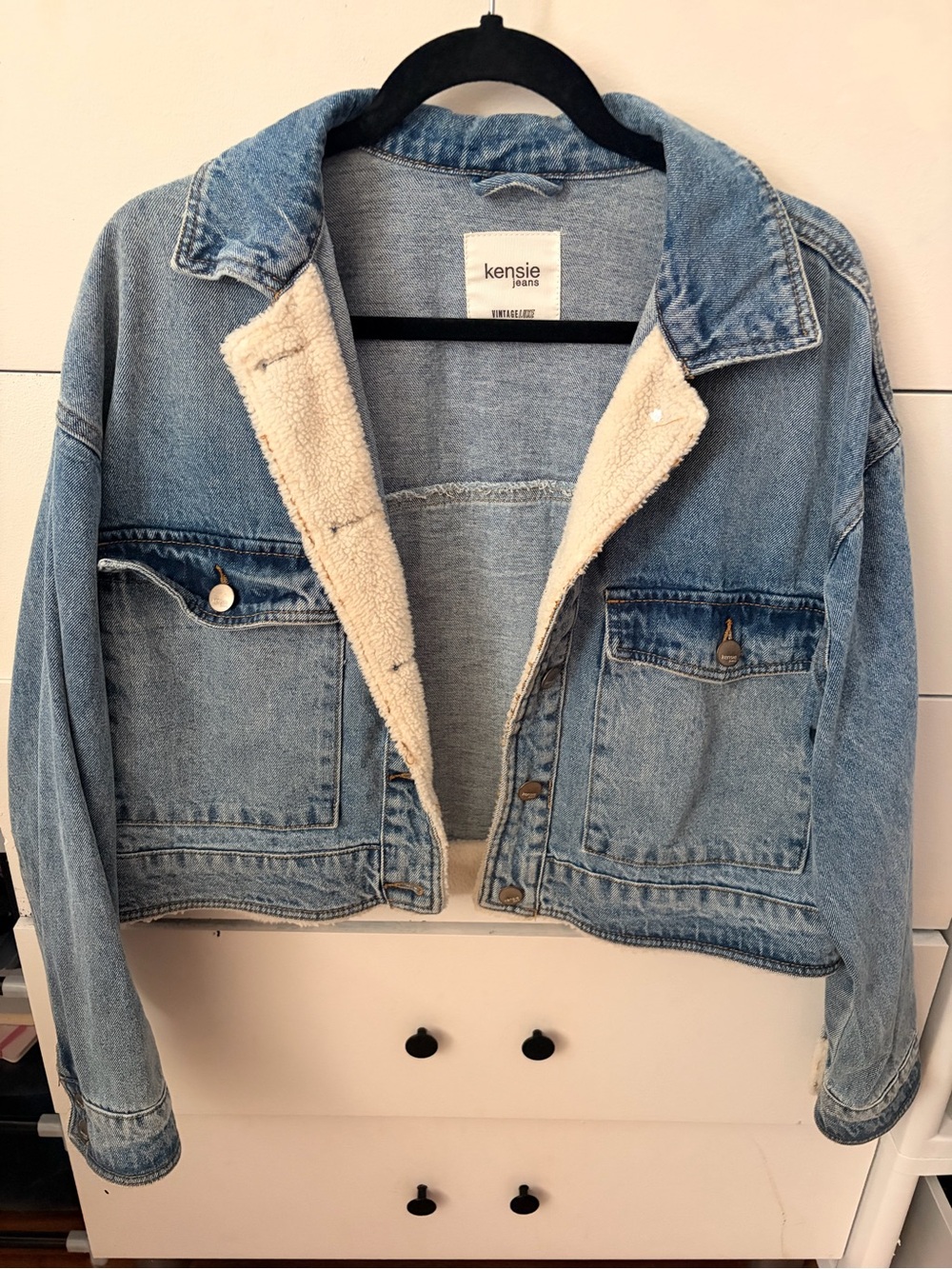 Kensie Cropped Denim Jacket Sherpa Lined Light Wash Jean Jacket Size M